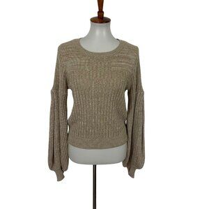 Devlin Tan Knit Balloon Sleeve Sweater Cotton Small Cozy Fall Pullover
